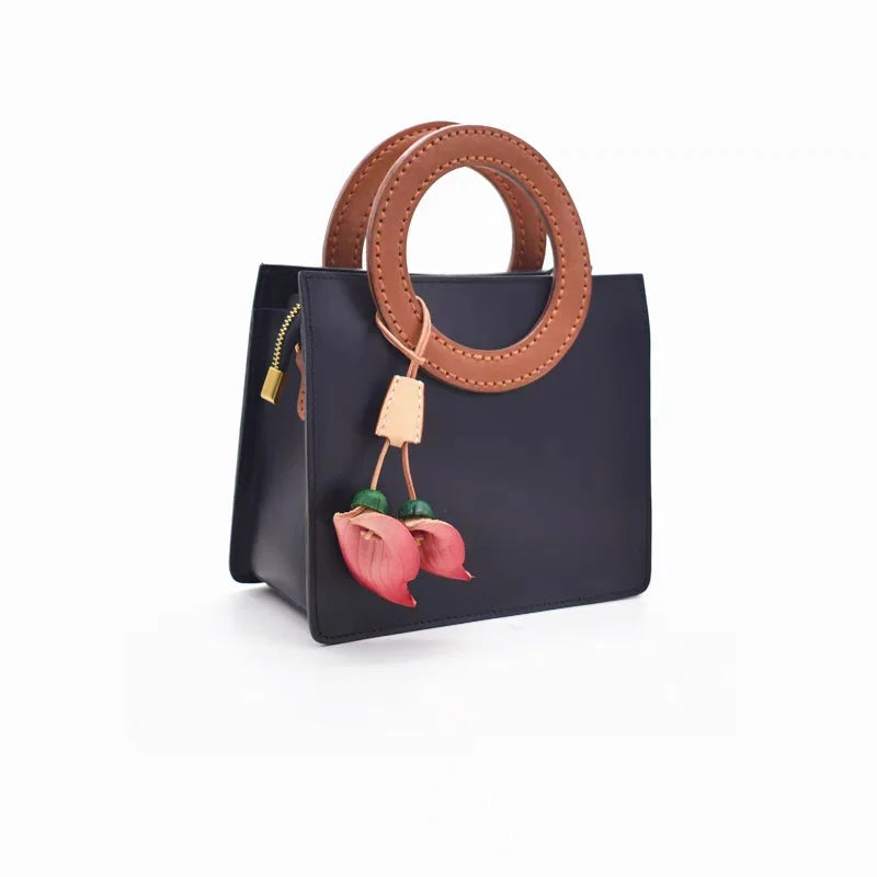 Nordic-Style Leather Lily Bag Charm – Handmade Floral Pendant for Handbags or Car Décor | Full-Grain Cowhide | Double Blossom Design | Perfect Artisan Gift for Her