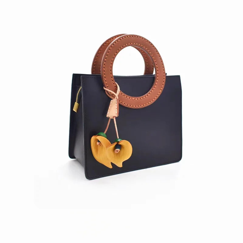 Nordic-Style Leather Lily Bag Charm – Handmade Floral Pendant for Handbags or Car Décor | Full-Grain Cowhide | Double Blossom Design | Perfect Artisan Gift for Her