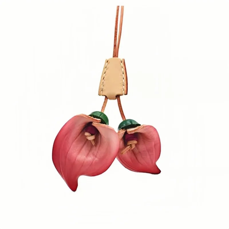 Nordic-Style Leather Lily Bag Charm – Handmade Floral Pendant for Handbags or Car Décor | Full-Grain Cowhide | Double Blossom Design | Perfect Artisan Gift for Her