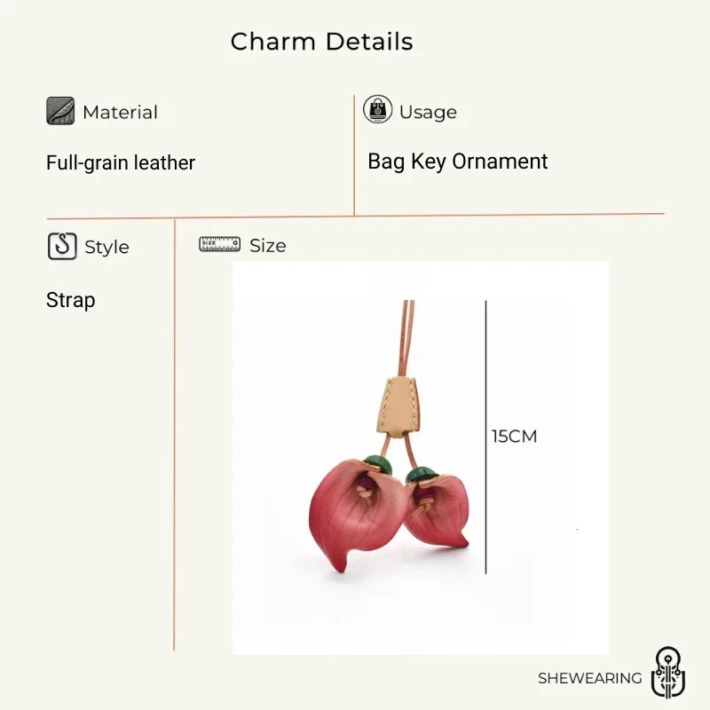 Nordic-Style Leather Lily Bag Charm – Handmade Floral Pendant for Handbags or Car Décor | Full-Grain Cowhide | Double Blossom Design | Perfect Artisan Gift for Her