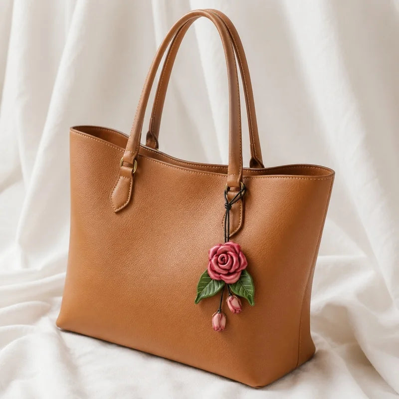 Dije romántico de rosa floreciente para bolso de cuero – Colgante de flor de cuero de plena flor hecho a mano | Accesorio artístico para bolsos | Regalo atemporal para mujer