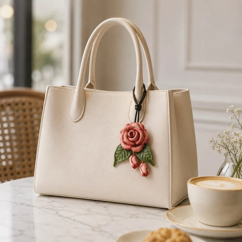Dije romántico de rosa floreciente para bolso de cuero – Colgante de flor de cuero de plena flor hecho a mano | Accesorio artístico para bolsos | Regalo atemporal para mujer
