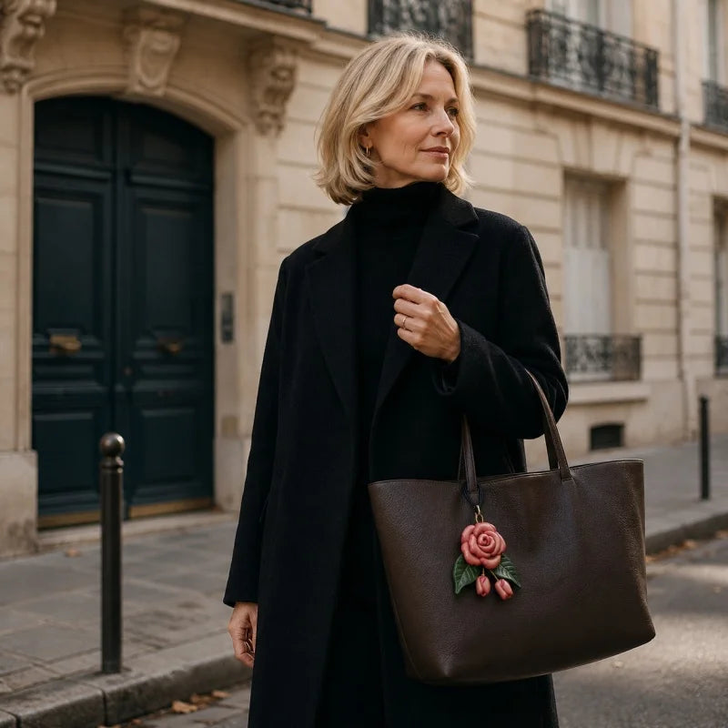 Dije romántico de rosa floreciente para bolso de cuero – Colgante de flor de cuero de plena flor hecho a mano | Accesorio artístico para bolsos | Regalo atemporal para mujer