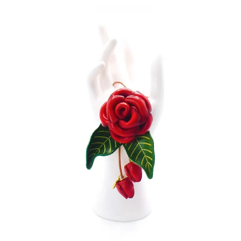 Romantic Blooming Rose Leather Bag Charm – Handmade Full-Grain Leather Flower Pendant | Artistic Accessory for Handbags | Timeless Gift for Women