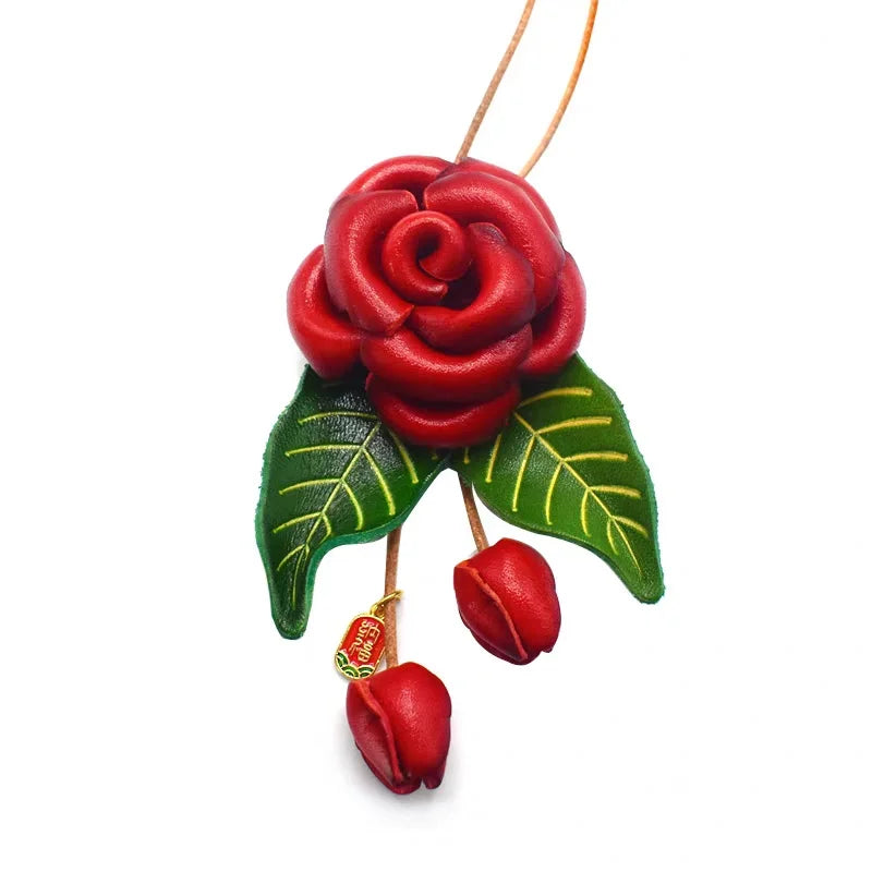 Romantic Blooming Rose Leather Bag Charm – Handmade Full-Grain Leather Flower Pendant | Artistic Accessory for Handbags | Timeless Gift for Women