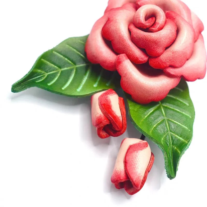 Romantic Blooming Rose Leather Bag Charm – Handmade Full-Grain Leather Flower Pendant | Artistic Accessory for Handbags | Timeless Gift for Women