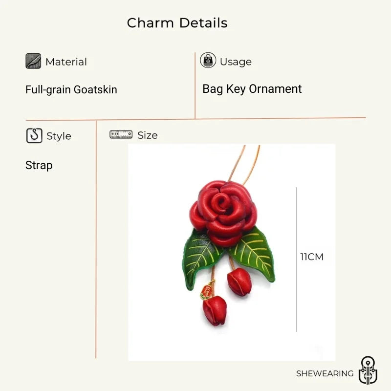 Romantic Blooming Rose Leather Bag Charm – Handmade Full-Grain Leather Flower Pendant | Artistic Accessory for Handbags | Timeless Gift for Women