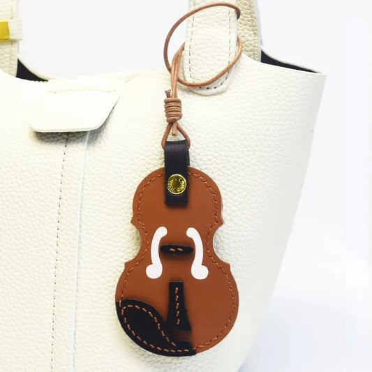 Vintage Violin Leather Bag Charm – Handmade Full-Grain Cowhide Pendant | Classical Music-Inspired Keychain for Bags | Retro Artisan Gift for Music Lovers