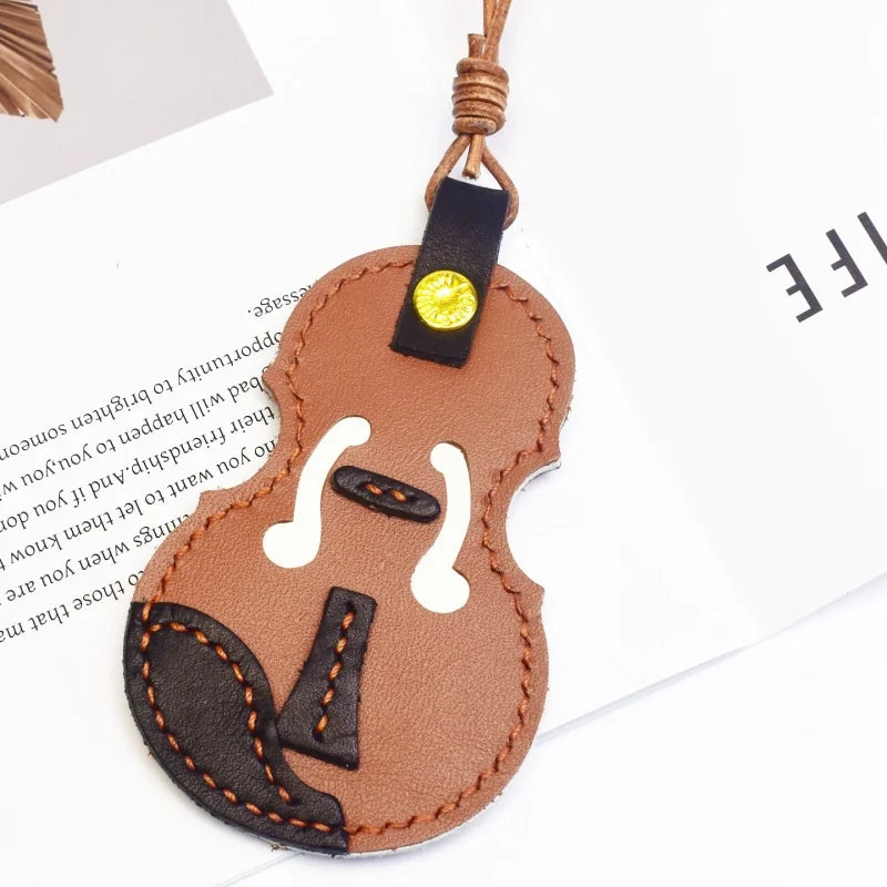 Vintage Violin Leather Bag Charm – Handmade Full-Grain Cowhide Pendant | Classical Music-Inspired Keychain for Bags | Retro Artisan Gift for Music Lovers