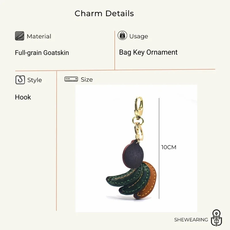 Lucky Banana Leather Bag Charm – Handmade Full-Grain Cowhide Fruit Keychain | Playful Yellow Accessory | Unique Charm for Bags & Gifts