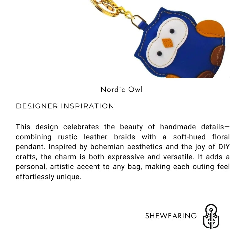 Nordic Owl Leather Bag Charm – Full-Grain Leather Keychain & Bookmark | Cute Handmade Owl Pendant | Whimsical Gift for Bag & Journal Lovers