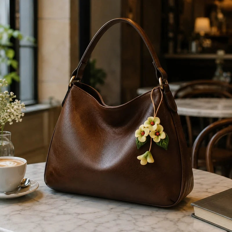 Dije para bolso de cuero "Flor de Amor" – Colgante de flor de cuero flor hecho a mano | Elegante llavero botánico | Regalo romántico para mujer