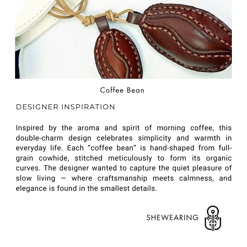 Nordic Coffee Bean Leather Bag Charm – Handmade Full-Grain Cowhide Pendant | Minimalist Double Charm Keychain | Symbol of Warmth & Comfort