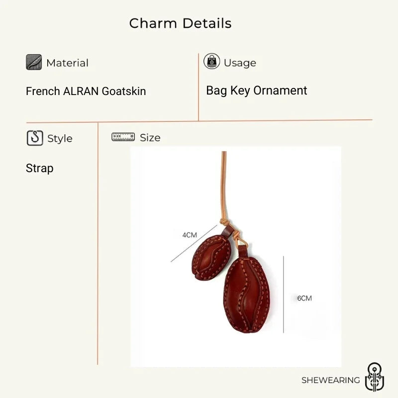 Nordic Coffee Bean Leather Bag Charm – Handmade Full-Grain Cowhide Pendant | Minimalist Double Charm Keychain | Symbol of Warmth & Comfort
