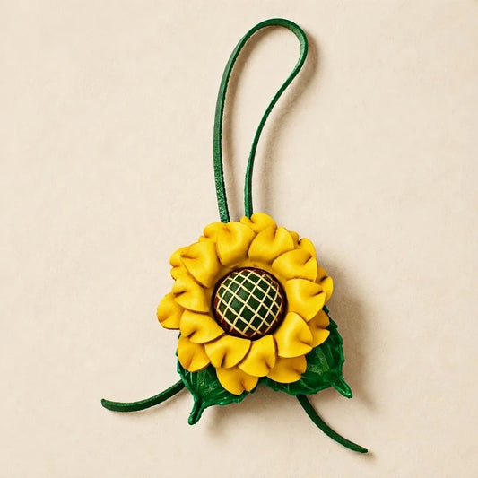 Handcrafted Sunflower Leather Bag Charm – 3D Full-Grain Leather Floral Pendant | Cheerful Yellow Bloom Accessory | Meaningful Gift for Her