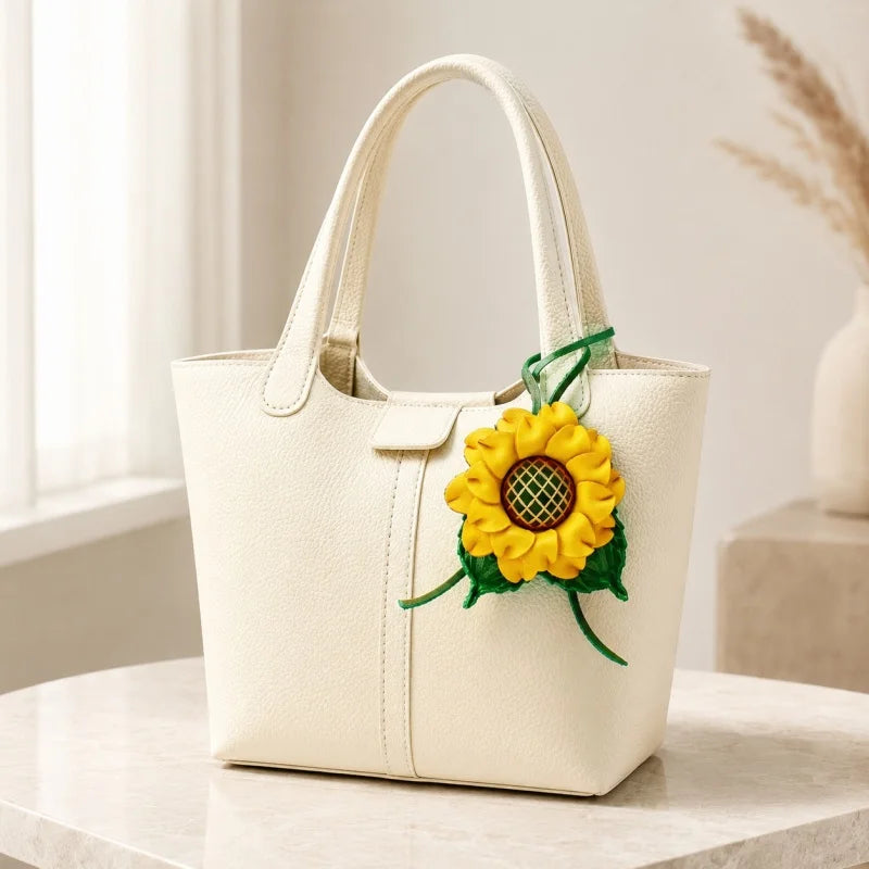 Dije de girasol para bolso de piel hecho a mano – Colgante floral 3D de piel flor | Accesorio con alegres flores amarillas | Un regalo especial para ella