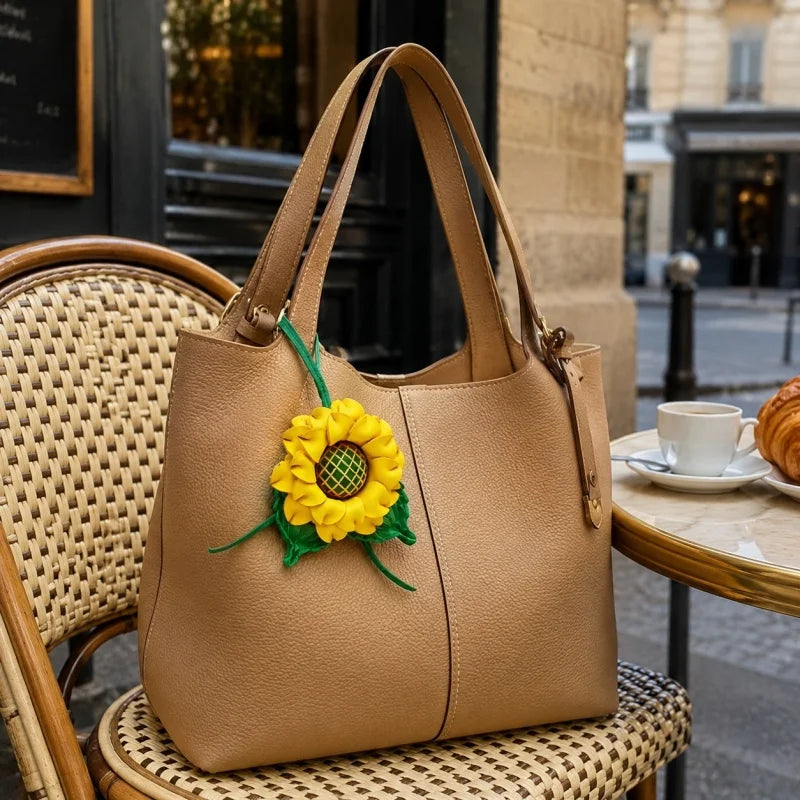 Dije de girasol para bolso de piel hecho a mano – Colgante floral 3D de piel flor | Accesorio con alegres flores amarillas | Un regalo especial para ella