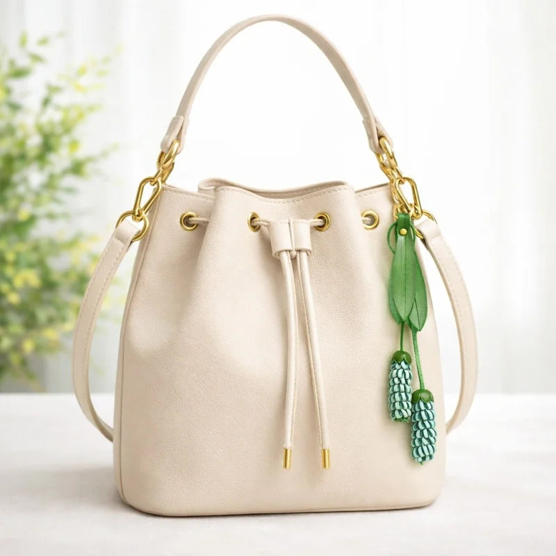 Llavero de bolso de piel "Flor de la Felicidad" hecho a mano – Colgante de borla floral de cuero de vaca de grano completo en 3D | Accesorio botánico artesanal para bolsos