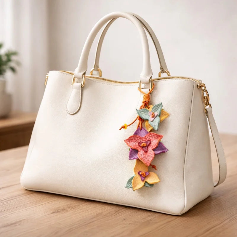 Colgante de cuero "Bright Nordic Bloom" para bolso – Colgante floral artesanal de piel de vaca de grano completo | Accesorio minimalista para bolso inspirado en Escandinavia | Regalo artístico para ella