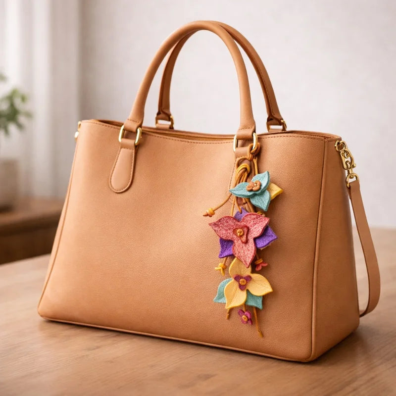Colgante de cuero "Bright Nordic Bloom" para bolso – Colgante floral artesanal de piel de vaca de grano completo | Accesorio minimalista para bolso inspirado en Escandinavia | Regalo artístico para ella
