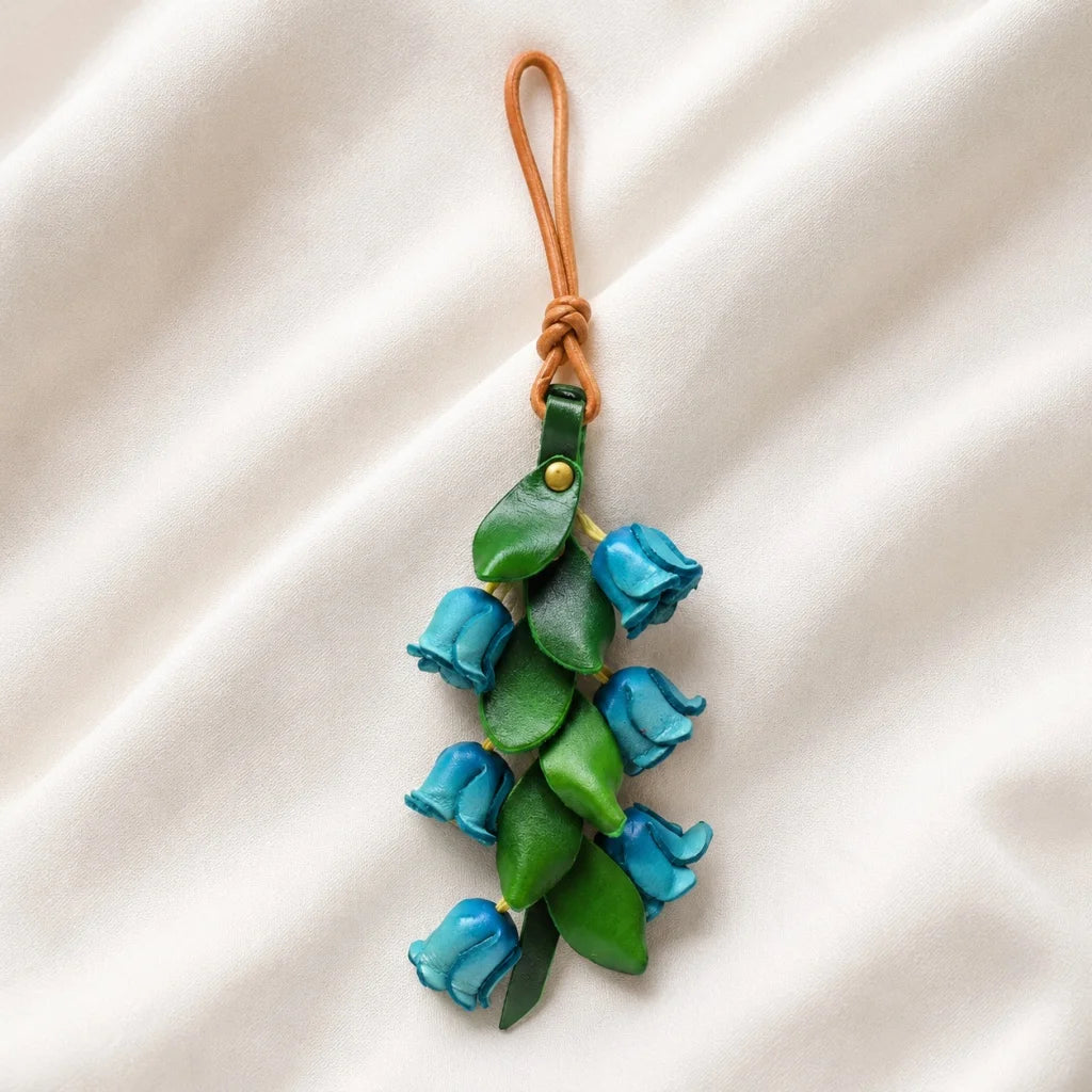 Lucky Lily of the Valley Leather Bag Charm – Handmade Full-Grain Leather Floral Pendant | Elegant Handbag Accessory Keychain | Gift for Her