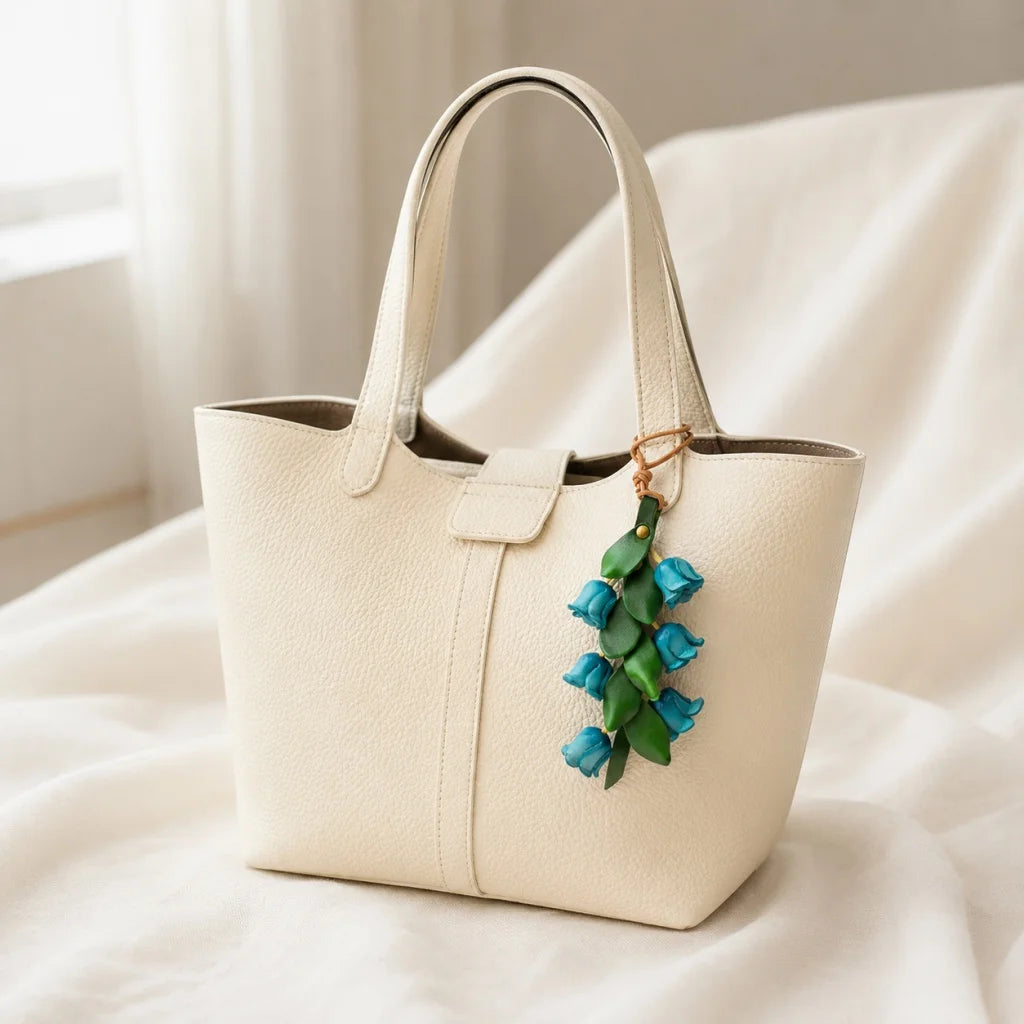 Lucky Lily of the Valley Leather Bag Charm – Handmade Full-Grain Leather Floral Pendant | Elegant Handbag Accessory Keychain | Gift for Her