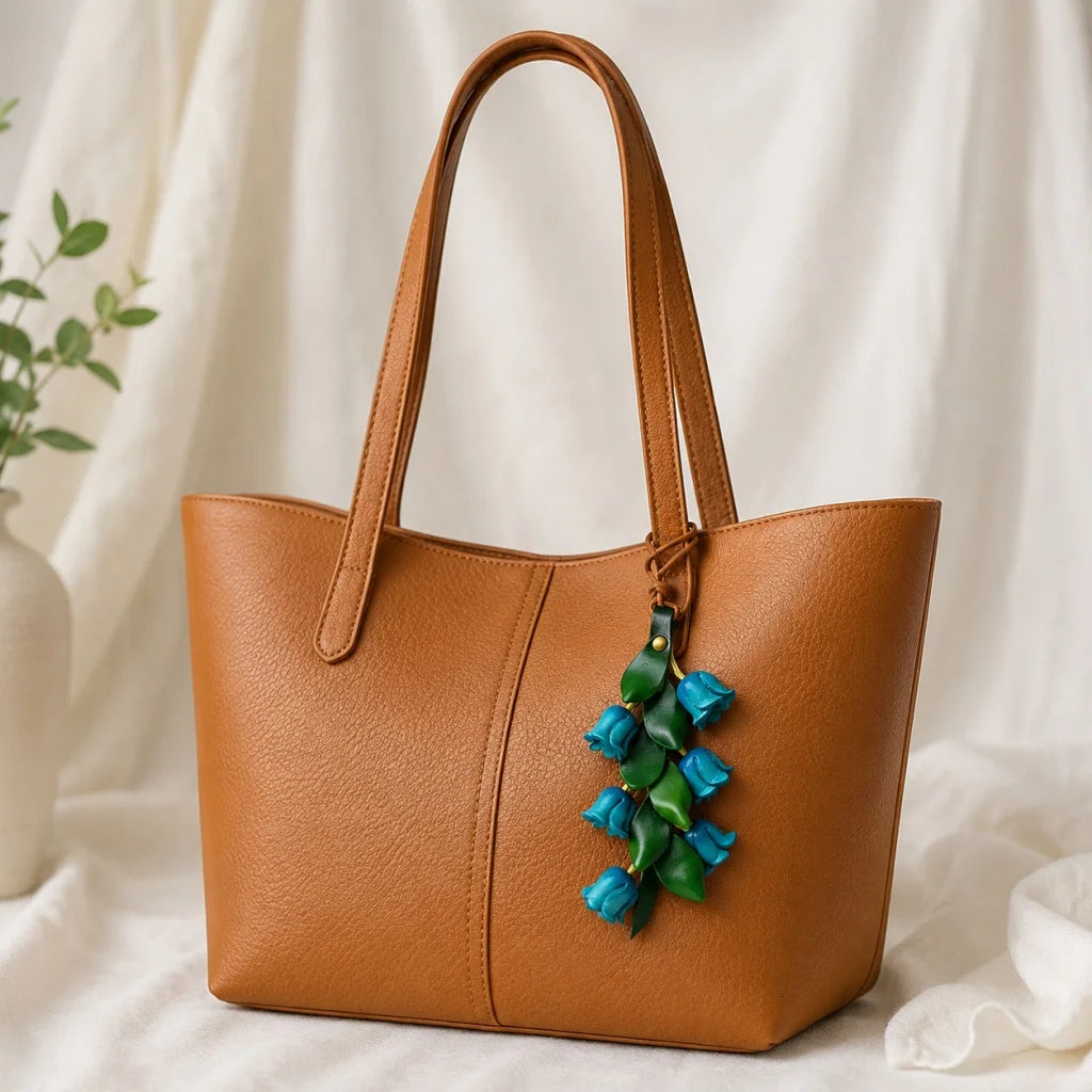 Lucky Lily of the Valley Leather Bag Charm – Handmade Full-Grain Leather Floral Pendant | Elegant Handbag Accessory Keychain | Gift for Her