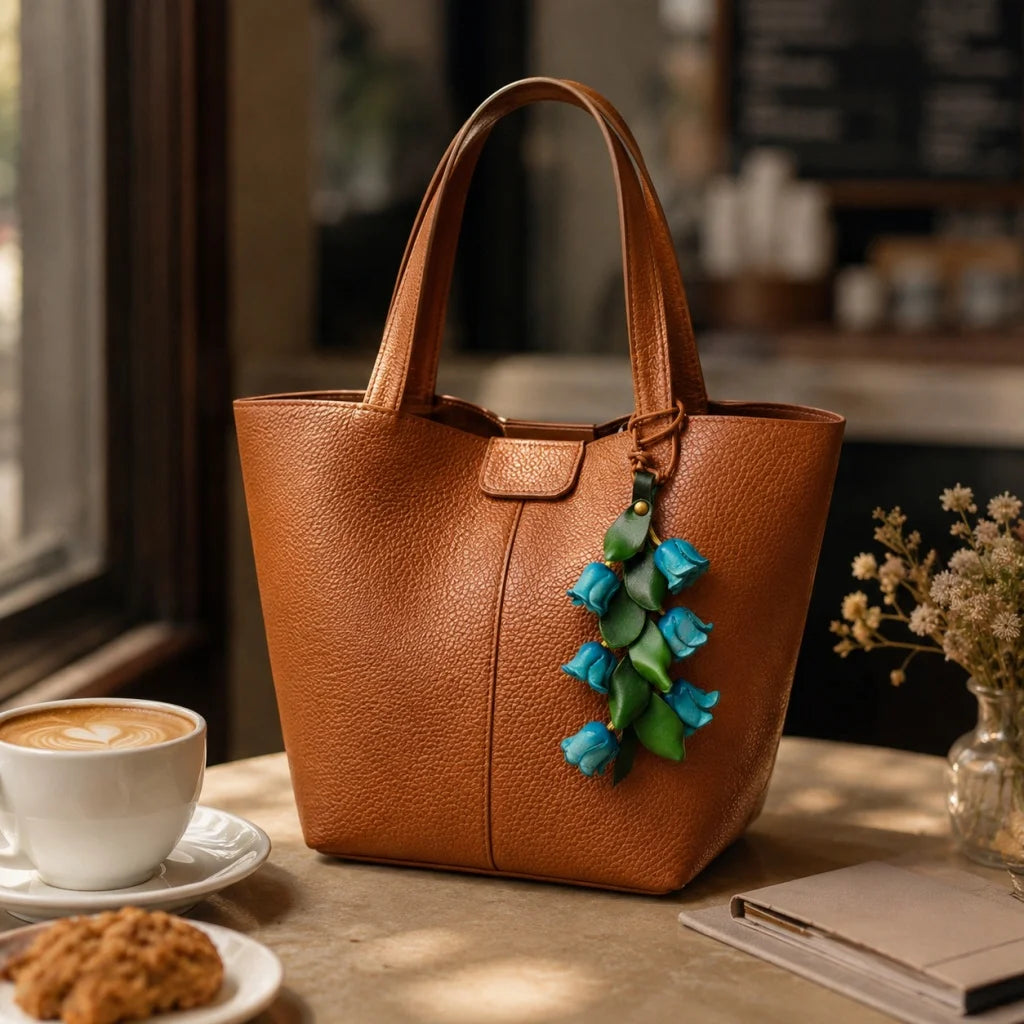 Lucky Lily of the Valley Leather Bag Charm – Handmade Full-Grain Leather Floral Pendant | Elegant Handbag Accessory Keychain | Gift for Her