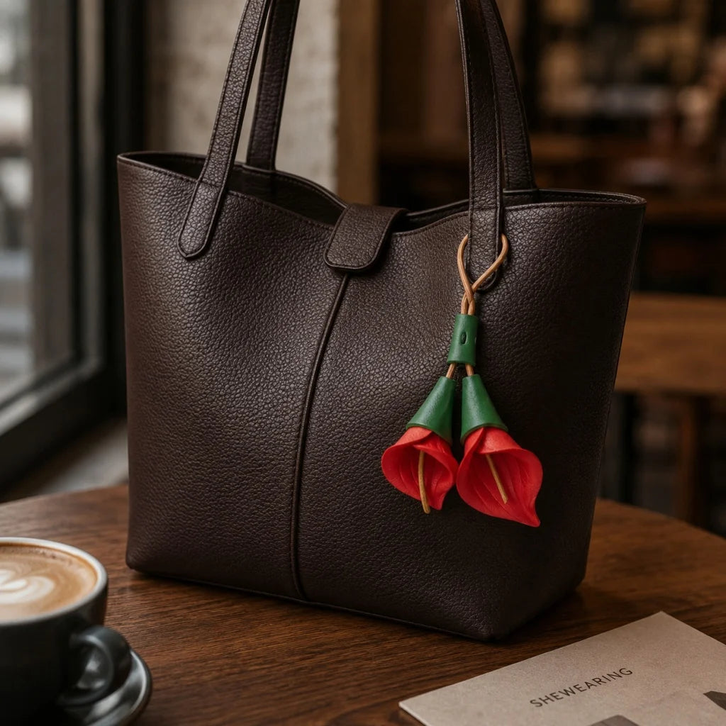 Lucky Anthurium Leather Bag Charm – Handmade Full-Grain Leather Floral Pendant | Nordic-Inspired Handbag Accessory Keychain | Gift for Her