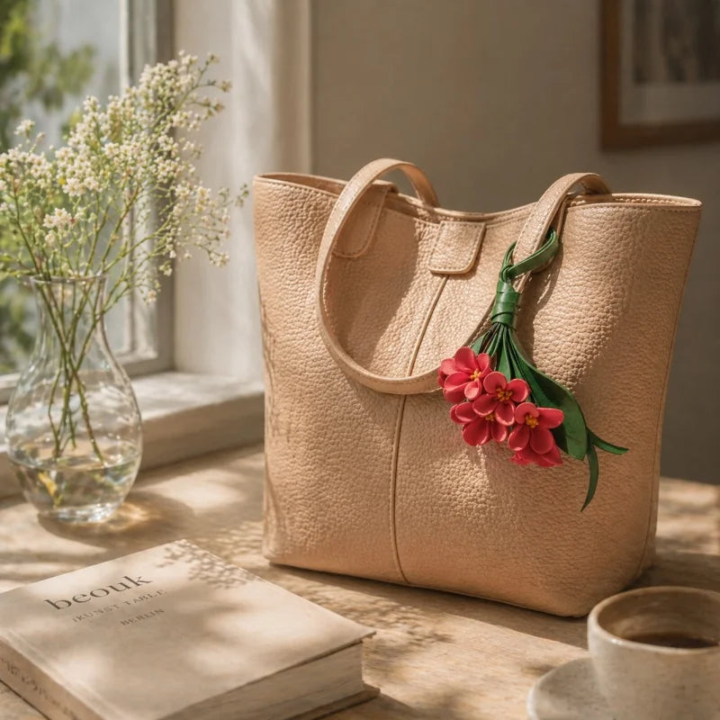 Colgante Lucky Bloom de cuero para bolso – Colgante floral de cuero de grano completo hecho a mano | Elegante llavero accesorio diario para bolso | Regalo para ella