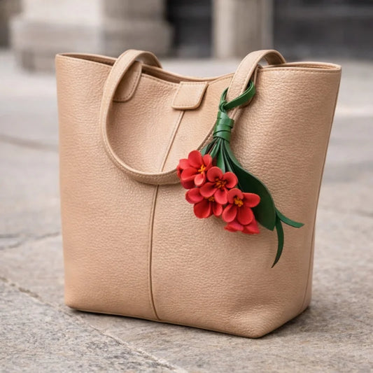 Lucky Bloom Leather Bag Charm – Handmade Full-Grain Leather Floral Pendant | Elegant Everyday Handbag Accessory Keychain | Gift for Her