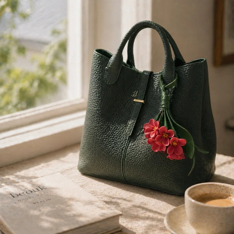 Colgante Lucky Bloom de cuero para bolso – Colgante floral de cuero de grano completo hecho a mano | Elegante llavero accesorio diario para bolso | Regalo para ella