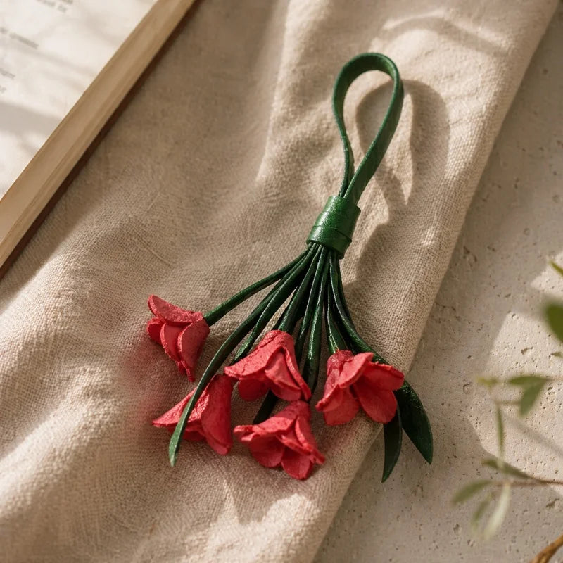 Colgante Lucky Bloom de cuero para bolso – Colgante floral de cuero de grano completo hecho a mano | Elegante llavero accesorio diario para bolso | Regalo para ella