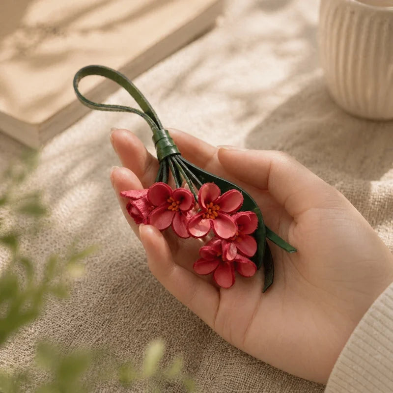 Colgante Lucky Bloom de cuero para bolso – Colgante floral de cuero de grano completo hecho a mano | Elegante llavero accesorio diario para bolso | Regalo para ella