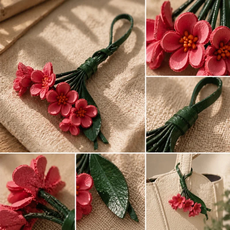 Colgante Lucky Bloom de cuero para bolso – Colgante floral de cuero de grano completo hecho a mano | Elegante llavero accesorio diario para bolso | Regalo para ella