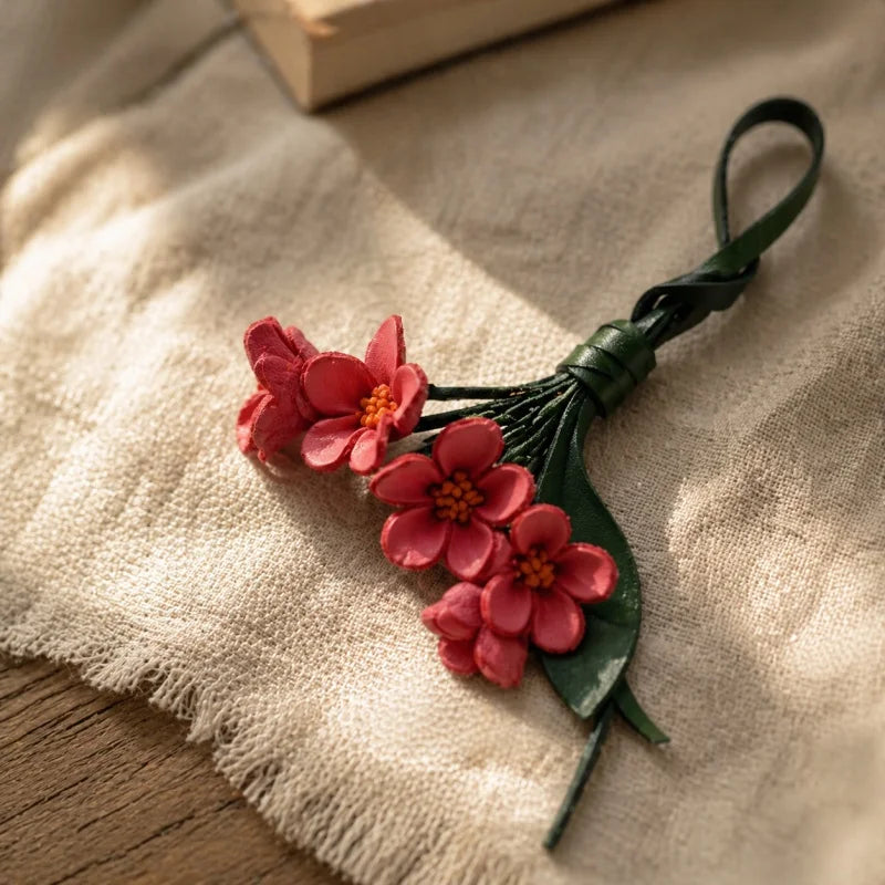 Colgante Lucky Bloom de cuero para bolso – Colgante floral de cuero de grano completo hecho a mano | Elegante llavero accesorio diario para bolso | Regalo para ella