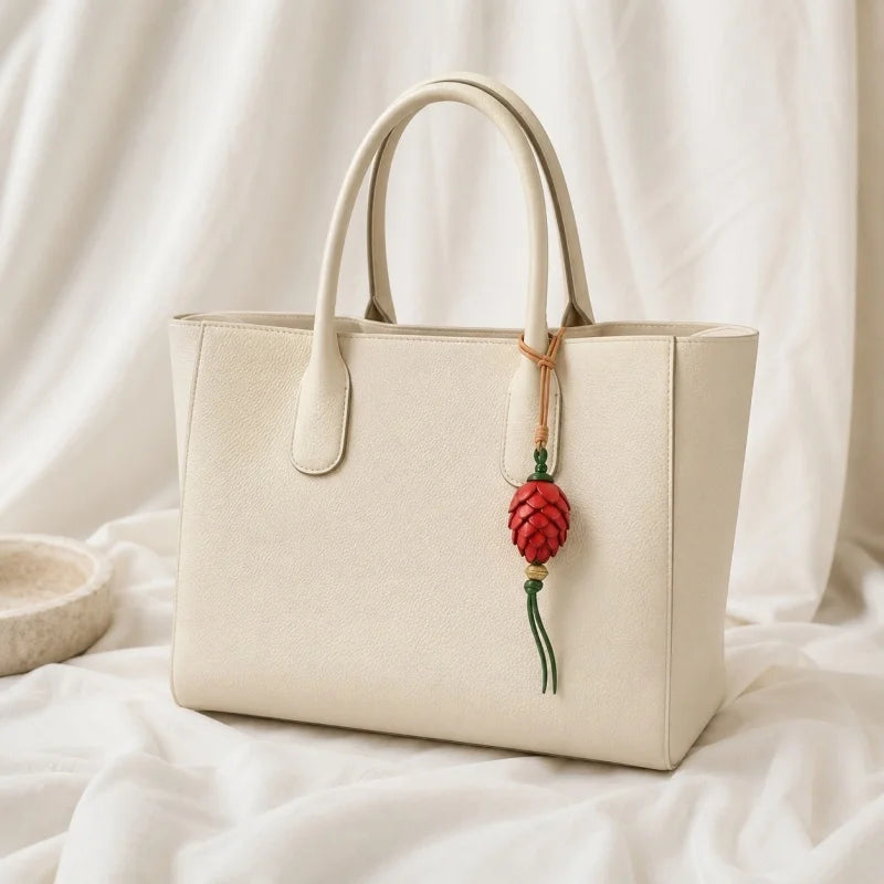 Amuleto Nórdico de Piel con Piña de Pino - Colgante Artesanal de Piel de Grano Completo | Accesorio para Bolso Inspirado en la Naturaleza | Regalo Simbólico para Ella