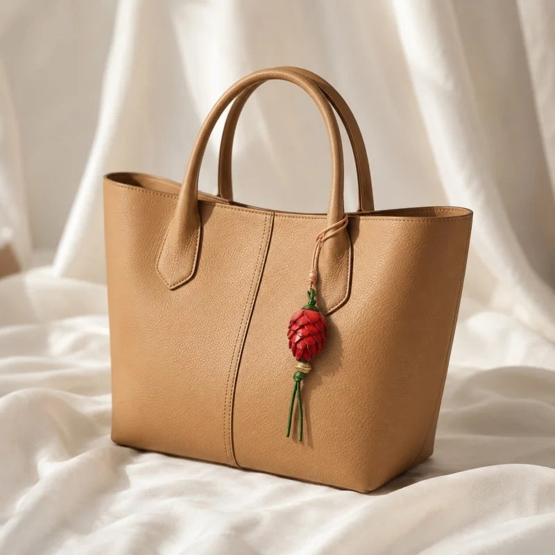 Amuleto Nórdico de Piel con Piña de Pino - Colgante Artesanal de Piel de Grano Completo | Accesorio para Bolso Inspirado en la Naturaleza | Regalo Simbólico para Ella
