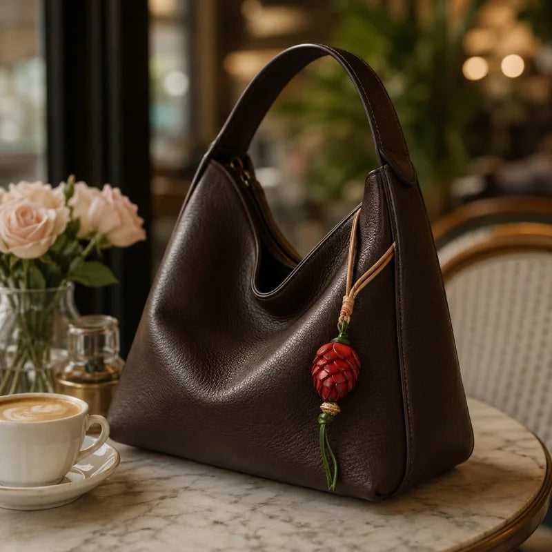 Amuleto Nórdico de Piel con Piña de Pino - Colgante Artesanal de Piel de Grano Completo | Accesorio para Bolso Inspirado en la Naturaleza | Regalo Simbólico para Ella