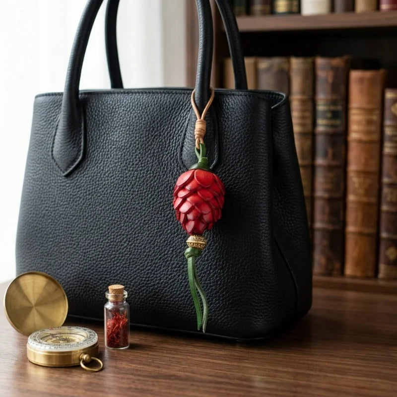 Amuleto Nórdico de Piel con Piña de Pino - Colgante Artesanal de Piel de Grano Completo | Accesorio para Bolso Inspirado en la Naturaleza | Regalo Simbólico para Ella