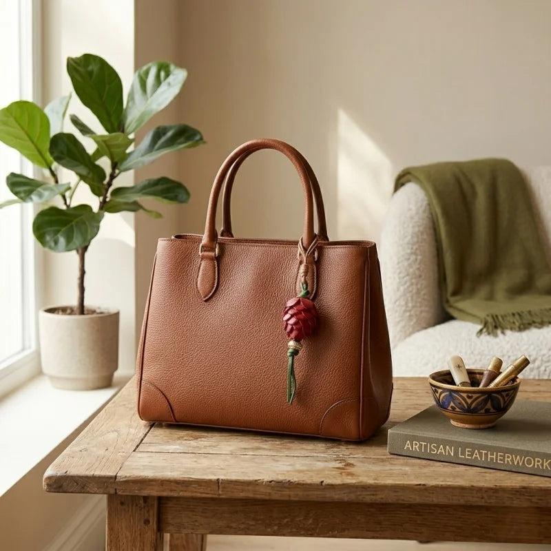 Amuleto Nórdico de Piel con Piña de Pino - Colgante Artesanal de Piel de Grano Completo | Accesorio para Bolso Inspirado en la Naturaleza | Regalo Simbólico para Ella