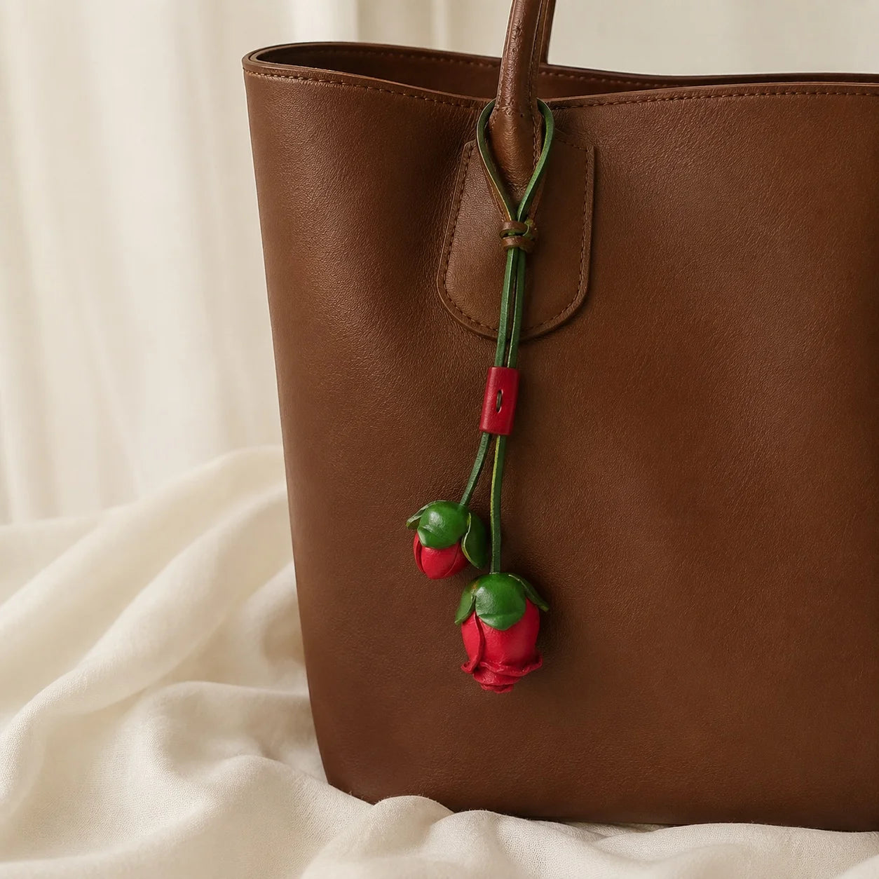 Double Rosebud Leather Bag Charm – Handmade 3D Genuine Leather Floral Pendant | Elegant Handbag Accessory Gift for Women