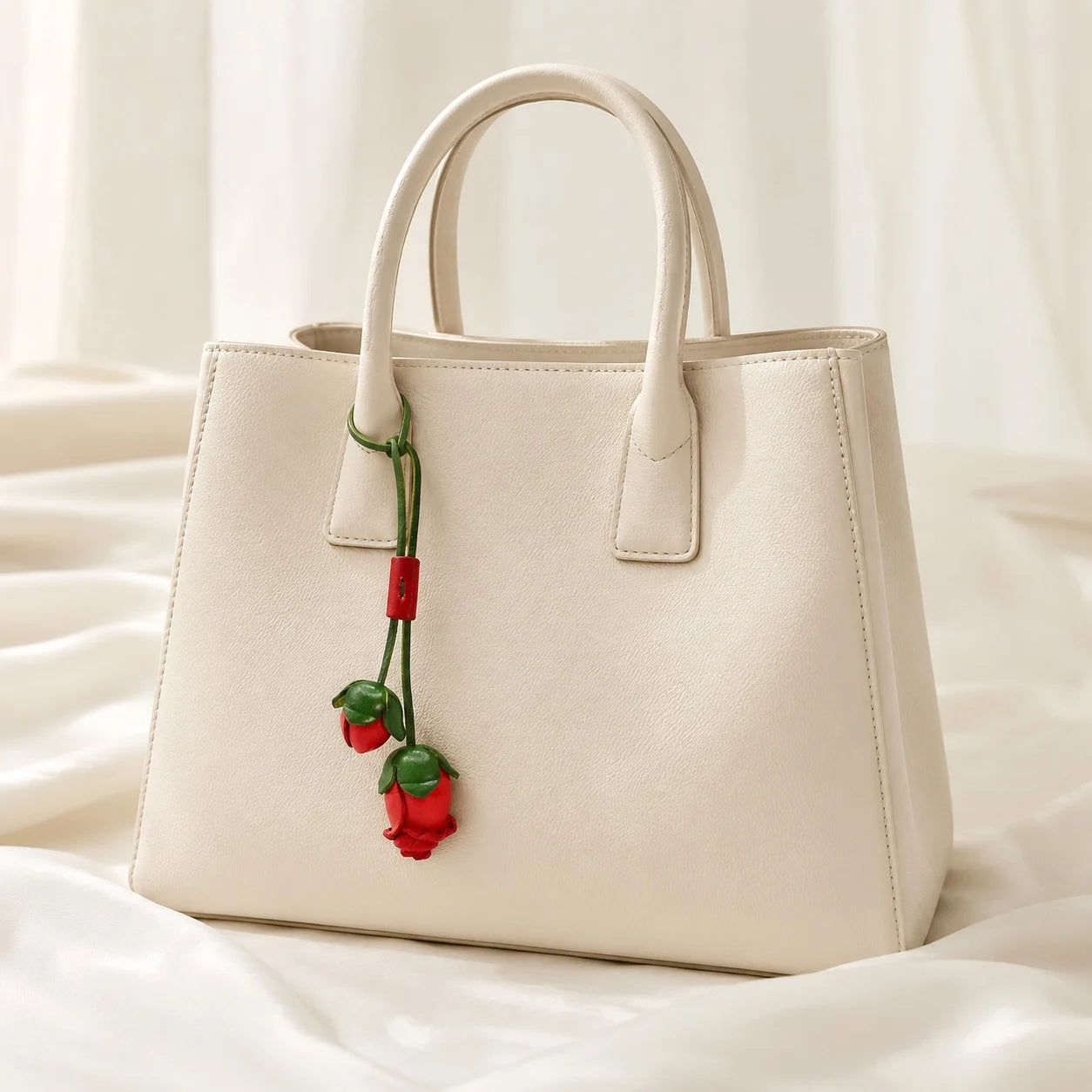 Double Rosebud Leather Bag Charm – Handmade 3D Genuine Leather Floral Pendant | Elegant Handbag Accessory Gift for Women