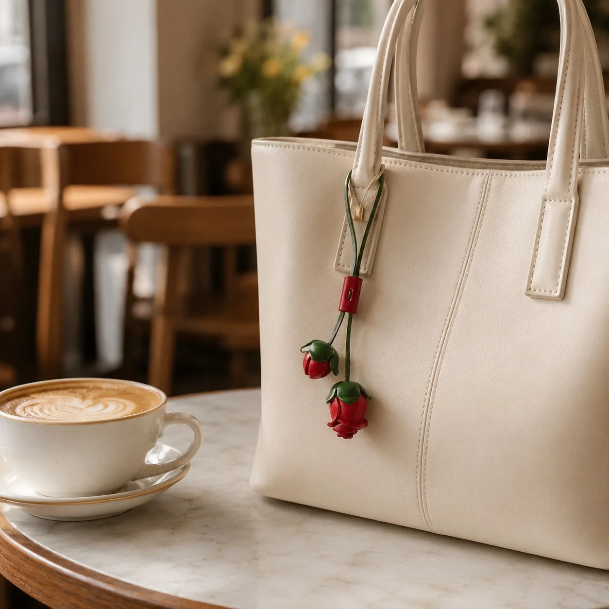 Double Rosebud Leather Bag Charm – Handmade 3D Genuine Leather Floral Pendant | Elegant Handbag Accessory Gift for Women