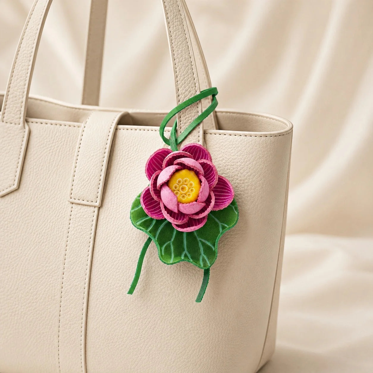 Handmade Leather Lotus Flower Bag Charm, 3D Pink Floral Handbag Charm Keychain, Elegant Purse Accessory Gift for Her