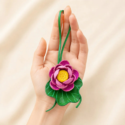 Handmade Leather Lotus Flower Bag Charm, 3D Pink Floral Handbag Charm Keychain, Elegant Purse Accessory Gift for Her