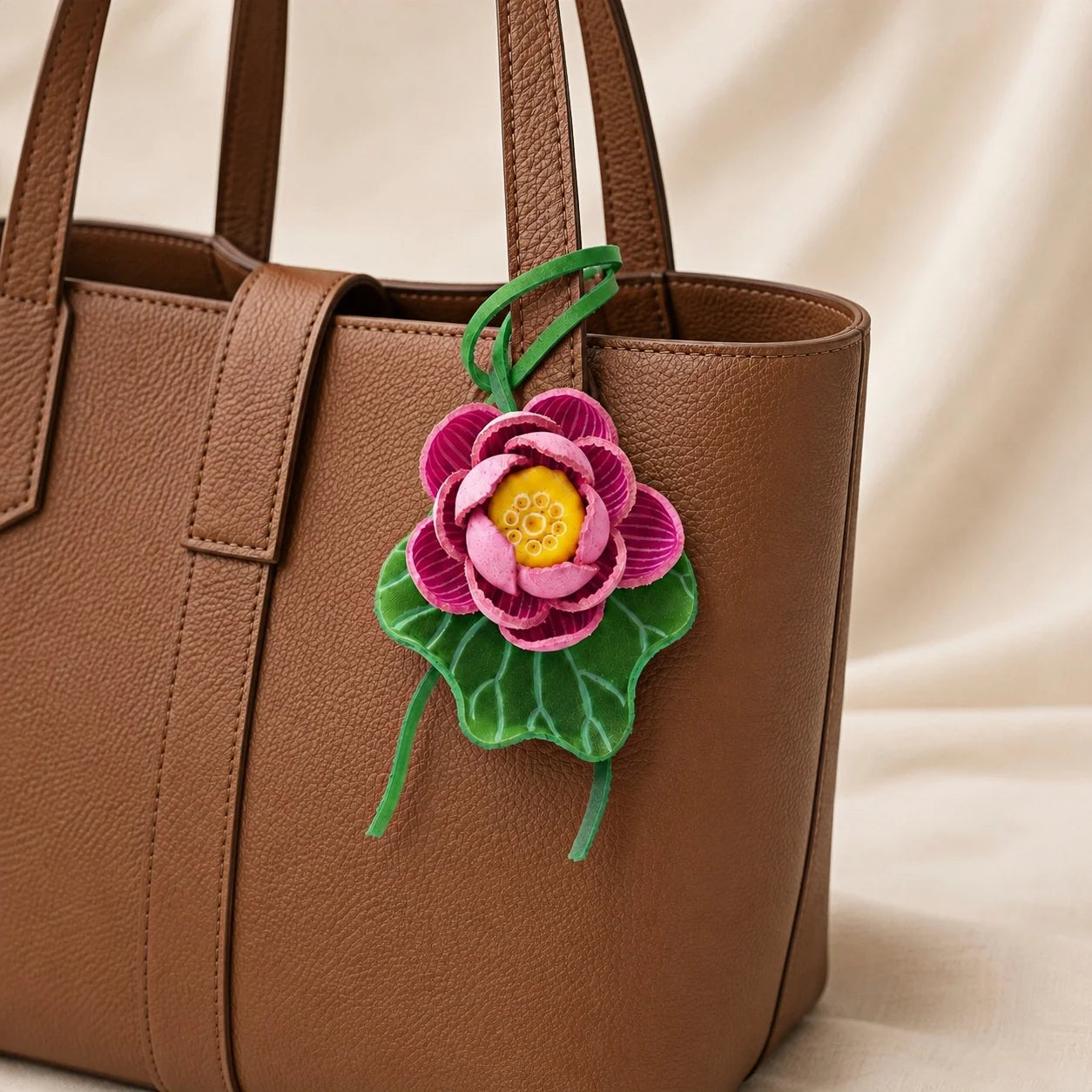 Handmade Leather Lotus Flower Bag Charm, 3D Pink Floral Handbag Charm Keychain, Elegant Purse Accessory Gift for Her