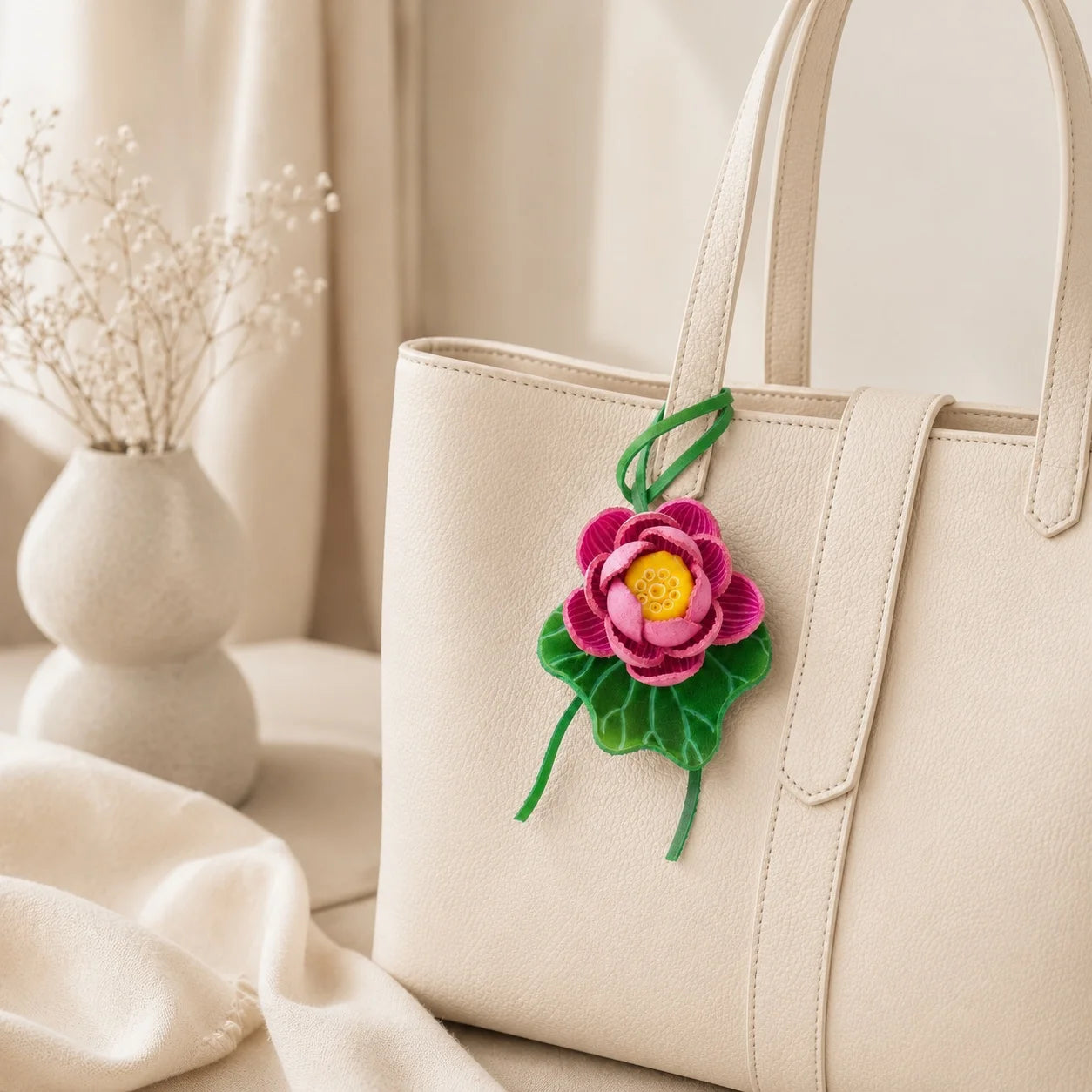 Handmade Leather Lotus Flower Bag Charm, 3D Pink Floral Handbag Charm Keychain, Elegant Purse Accessory Gift for Her