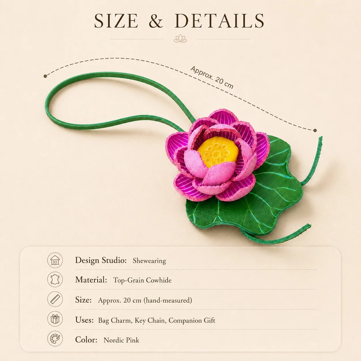 Handmade Leather Lotus Flower Bag Charm, 3D Pink Floral Handbag Charm Keychain, Elegant Purse Accessory Gift for Her