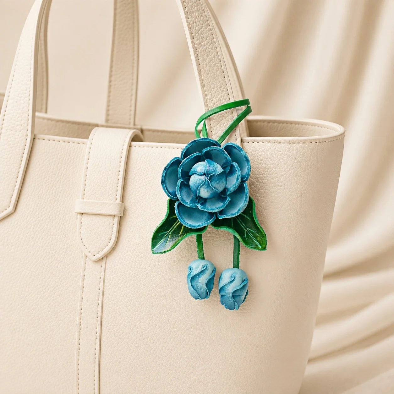 Handmade Leather Blue Flower Bag Charm, 3D Floral Handbag Charm Keychain, Elegant Purse Accessory Gift for Her